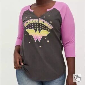 Wonder Woman Grey Pink Split Neck Raglan Tee